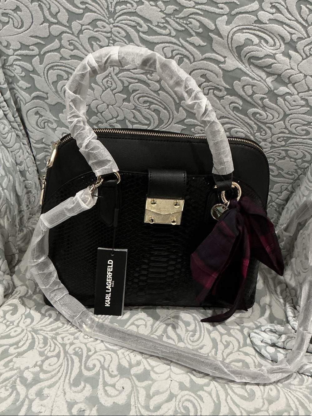Karl Lagerfeld Black Satchel with Gold Hardware and Burgundy Accent Scarf